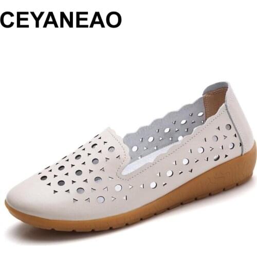CEYANEAO2020summer new soft bottom genuine leather shoes for women hollowed out hole flat shoes without lace moccasins round