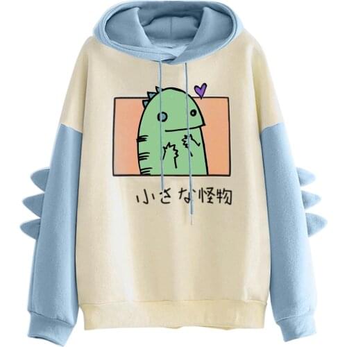 Women Hoodie Sweater Oversized Dinosaur Casual Long Sleeve Splicing Dino Prints Sweatshirt Pullover Tops Winter Fleece Thick Top