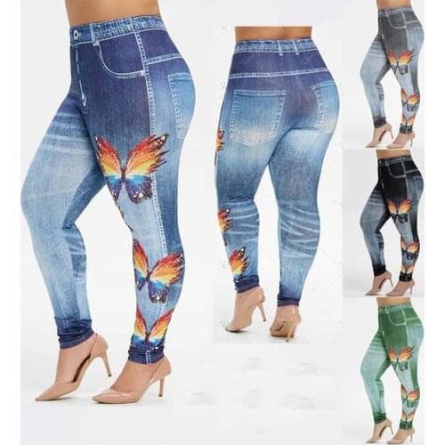 Faux Denim Leggings Women Butterfly Print Yoga Pants Streetwear Ladies Sportwear Casul Long Yoga Legging Pant 2021 Plus Size