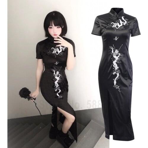 Lady Sexy Dragon Embroidery Cheongsam Women Chinese Style Retro Slim Qipao Dress Gothic Japanese Harajuku Bodycon Party Dresses