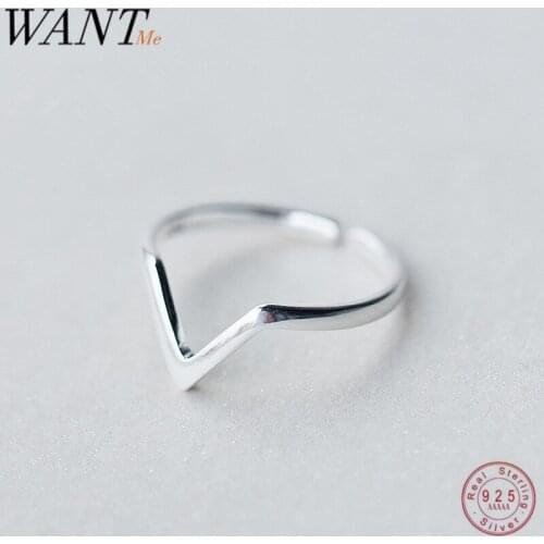 WANTME Cute Geometric Wave Letter V Adjustable Rings for Women Genuine 100% 925 Sterling Silver Minimalist Jewelry Accessory