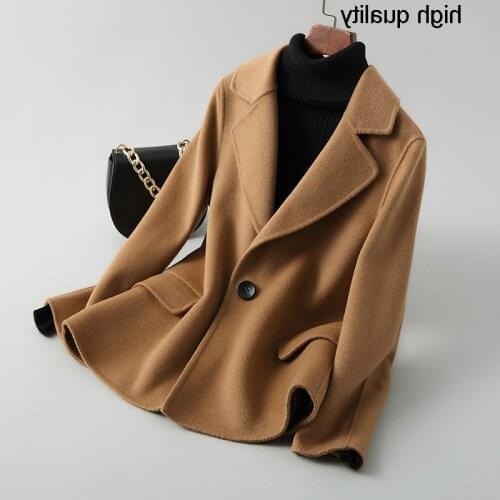 2020 Autumn Winter Coat Women Short Wool Jacket Camel Beige Turn-Down Collar Sided Wool Coats manteau femme 38071 YQ1489