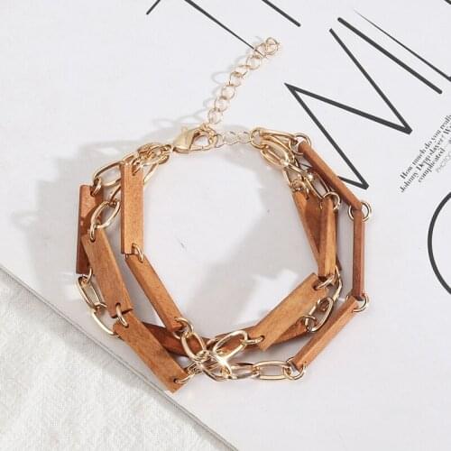 Ins Gold Chain Brown Wood Rectangle Geometric Minimalism Bracelets Trendy Korean Fashion Women Party Jewelry