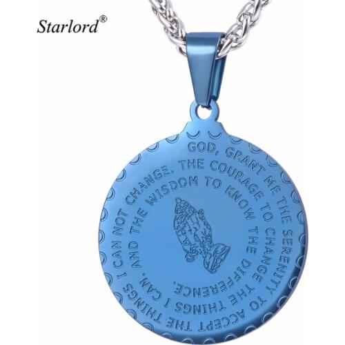 Starlord Blue Praying Hands Pendants Necklaces& Bible Verse Prayer Coin Jewelry Stainless Steel Christian Jewelry GP2356L