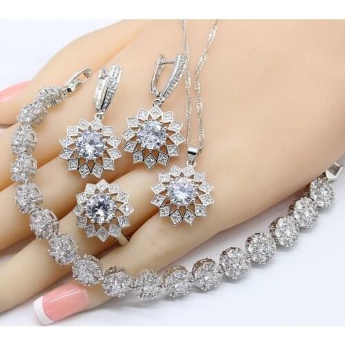 2020 Hotting White Zirconia Silver Color Bridal Jewelry Sets For Women Necklace Pendant Earrings Rings Bracelets