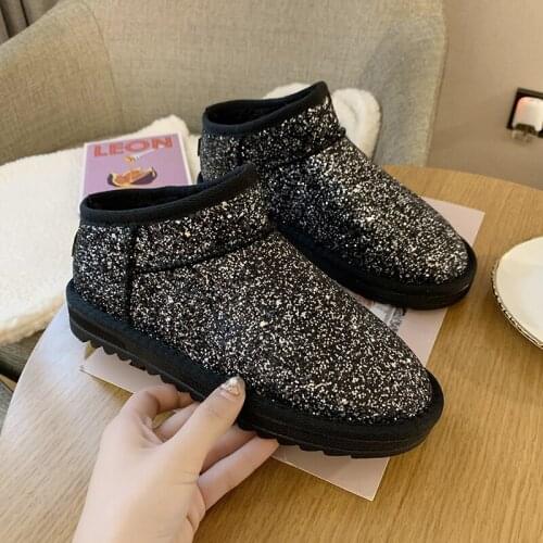 2020 Winter Female ankle boot Silver snow boot Shiny Flash Bling women girl fur Plus velvet warm cotton shoes flat boots U11-45
