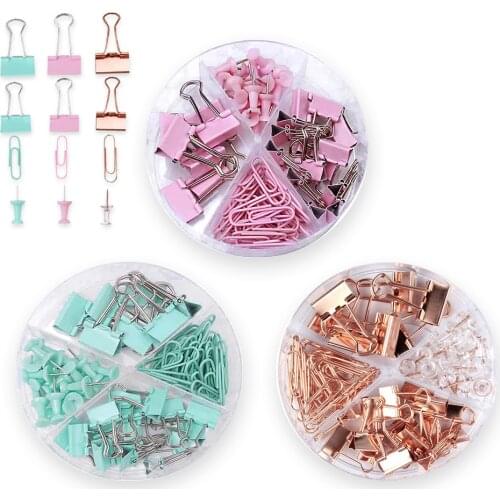 72Pcs Green Pink Gold 4sizes Office Study Binder Clips Push Pins Receipt Binding Clamp With Storage Box Office School Supplies