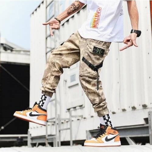 Streetwear Harem Joggers Men Ribbons Side-pockets Camouflage Military Mens Trousers Casual Slim Cargo Pants For Man