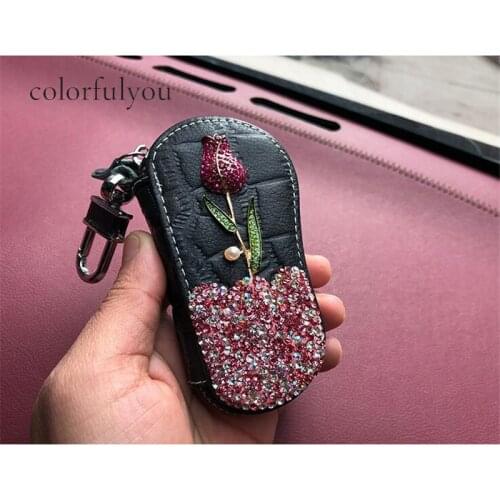 Rose Flower Diamonds Car Key Bag PU Leather Keychain Unisex Zipper Key Car Case For Women Housekeeper Keys Organizer 2019 New