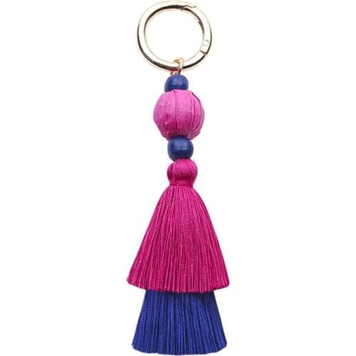 DoreenBeads Cotton Keychain & Keyring Tassel Fuchsia Royal Blue Black White Orange-red Colorful Charms 15cm(5 7/8"), 1 Piece