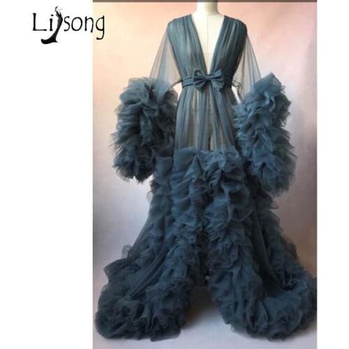 Photo Bathrobe Chic Illusion Ruffles Tulle Long Prom Dresses Lush Puff Full Sleeves Kimono Pregnant Party Dress Prom Gowns