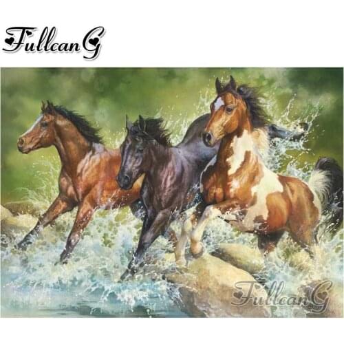 FULLCANG 5D diamond mosaic three wild horses diamond painting animal Diy full diamond embroidery cross stitch kit decor FC1819