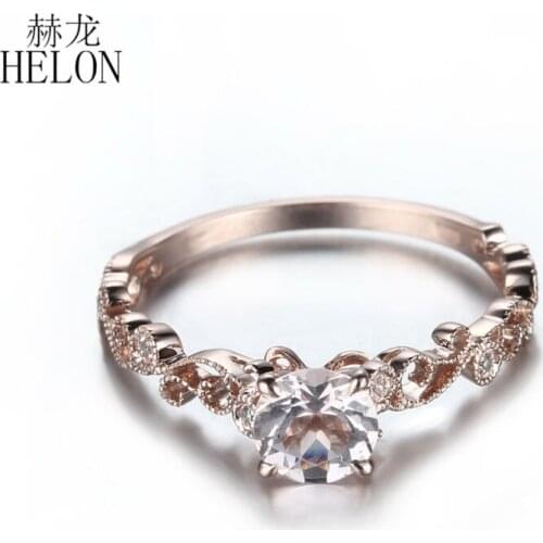 HELON Real 10K Rose Gold Flawless Round 0.55ct Genuine Natural Morganite Diamonds Engagement Wedding Women Vintage Fine Jewelry