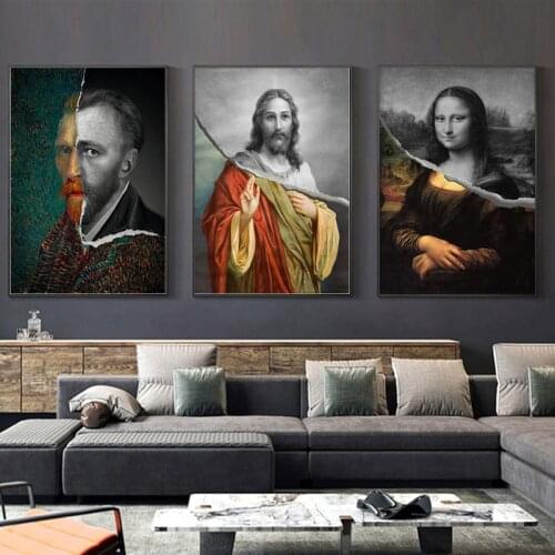 Van Gogh And Mona Lisa And Jesus Tear Collage Art Poster And Prints Famous Person Wall Picture On Canvas Painting For Room Decor