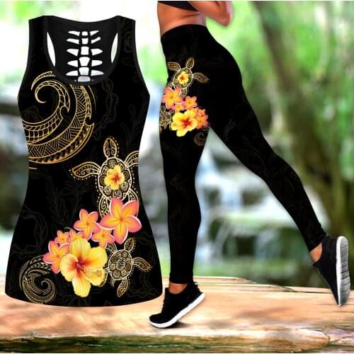 Polynesian Tattoo Turtle 3D Printed Hollow Tank Top & Leggings Set Fitness Female Full Length Leggings Running Pants DDK83