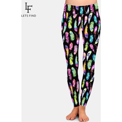 LETSFIND 2020 New Fashion Women Print Leggings 3D Rainbow Feather Print High Wiast Plus Size Soft Slim Fitness Full Leggings
