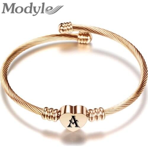 Modyle Punk Vintahe Alphabet Heart Cuff Bangles Rose Gold Color Stainless Steel Letter Bracelets Bangles for Women