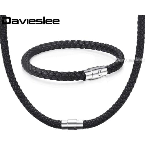 Davieslee Men Womens Leather Jewelry Set Black Brown Braided Rope Leather Bracelet Necklace Set 2018 Jewelry 4 6 8mm DUSM04