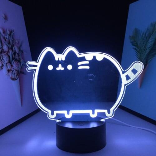 Anime Little Fat Cat 3D Night Light Black Base Optical Illusion 7 Color Changes With Remote Control USB Charging Acrylic Lamp