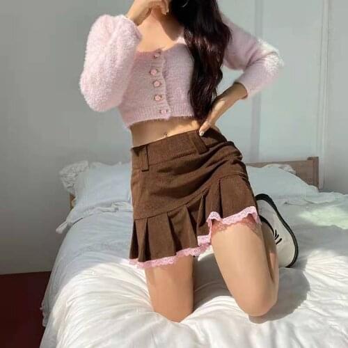 New Lace Stitching High Waist Pleated Corduroy Skirt Brown Vintage Aesthetic School Girl Mini Skirt Kawaii A-Line Ladies Clothes