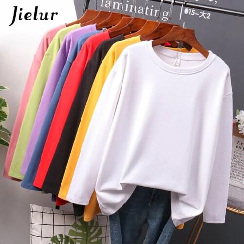 Jielur 2021 Autumn New Cotton T shirt Female Pure Color Long Sleeve Womens T-shirts Plus Size M-4XL Yellow White Basic Tee Tops