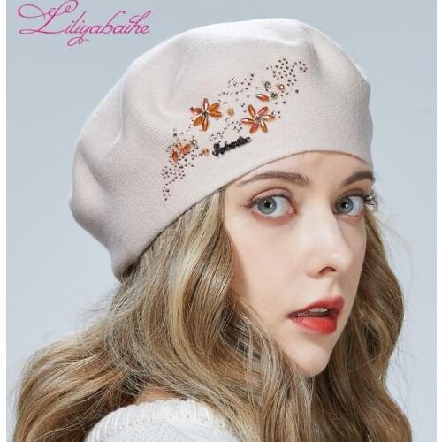 Liliyabaihe New Womens Autumn And Winter Hat Wool Knitted Berets Alphabet diamonds and colorful diamond decoration