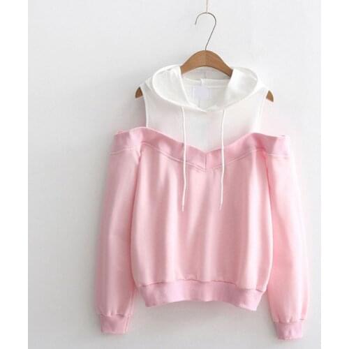 Autumn New fashion Strapless shoulder fake two-piece hooded sweatshirt women