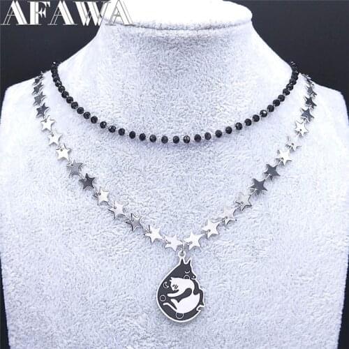 2021 Love Couple Cat Crystal Beads Stainless Steel Layered Chain Necklace Women Jewelry acier inoxydable bijoux NXS02