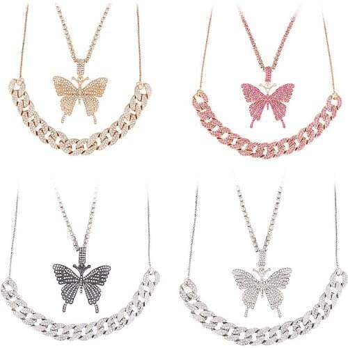 Iced Out Butterfly Pendant Necklace Set Cuban Link Chain Choker Necklace Gifts for Women Gift Chains Bling Hip Hop Jewelry