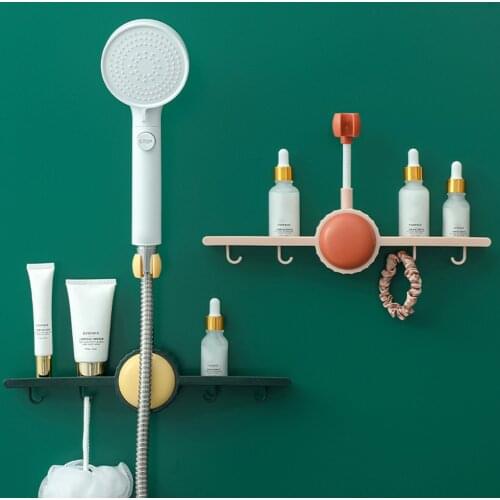 Self-Adhesive Showerhead Bracket Wall Mounted Shower Head Holder Adjustable Punch Free Stand with Hooks