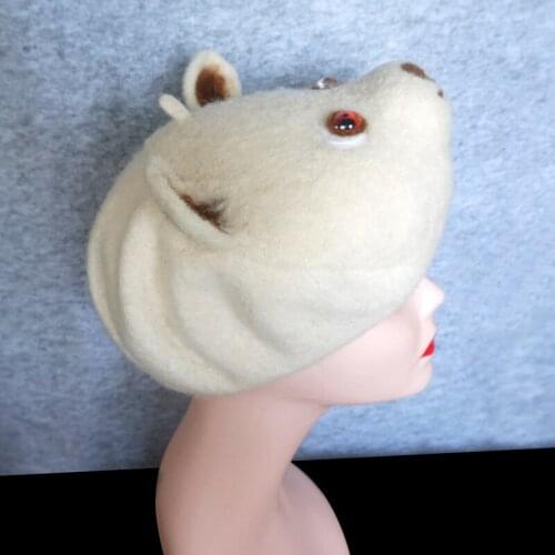 Wool felted Beret Hat Wool beret with Needle felt polar bear head handmade Animal modeling theme felted wool beret hat