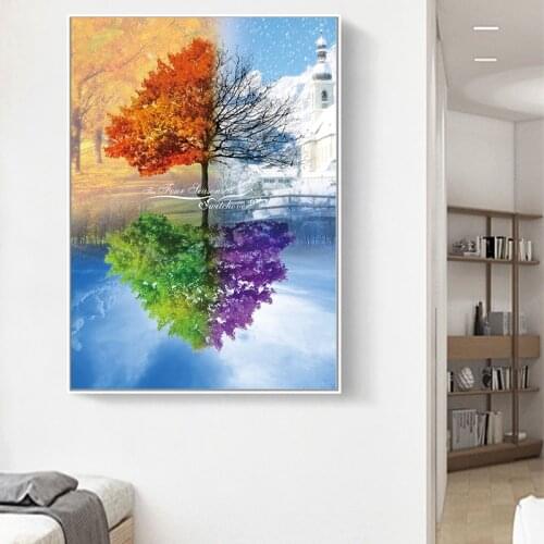 The Four Seasons Tree Scenery Landscape Canvas Painting Posters and Prints Frameless HD Printed Wall Art Picture for Living Room