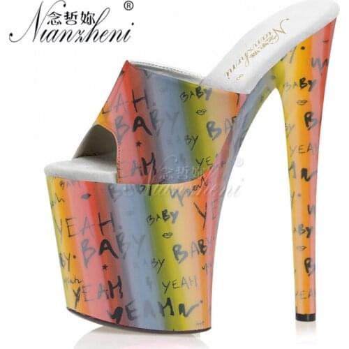 20CM Super High heeled shoes Platform Thin heels Shallow Womens Slippers 8 inches Nightclub Pole dancing Fashion Leather pad