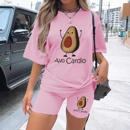 Summer Women Kawaii Cute Avocado Print Short Sleeve O-Neck Tee Top+Jogger Shorts 2 Piece Set Clothes Casual Plus Size Outfits