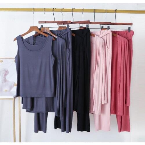 Female 3 Pieces Sleepwear Set Modal Long Sleeve Loose Casual Pajamas Suit Women Lounge Home Clothing Size L-XL