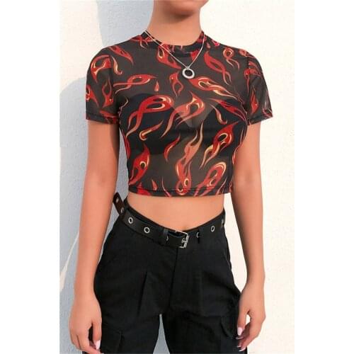 Women Mesh Sheer See-through shirt Crop Tops Round Neck Flame Print Short Sleeve Stretch Crop Top Shirt Blouse
