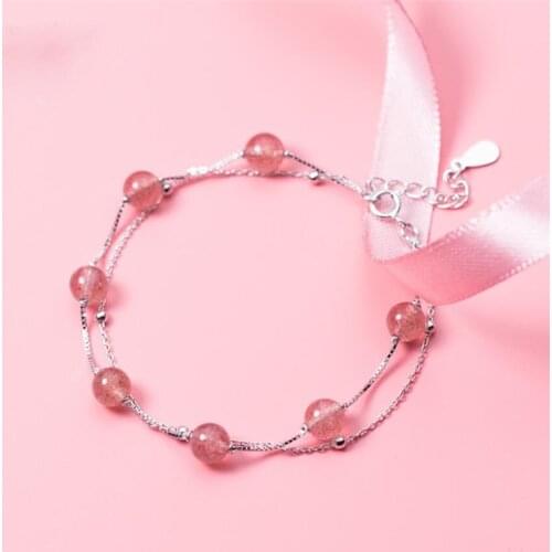 Sole Memory Double Layer Pink Strawberry Crystal Round Bead 925 Sterling Silver Female Resizable Bracelets SBR259