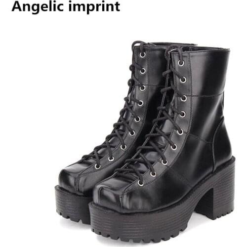 Angelic imprint mori girl Women punk motorcycle boots lady lolita Mid-calf Boots woman high trifle heels pumps shoes 8cm 35-40