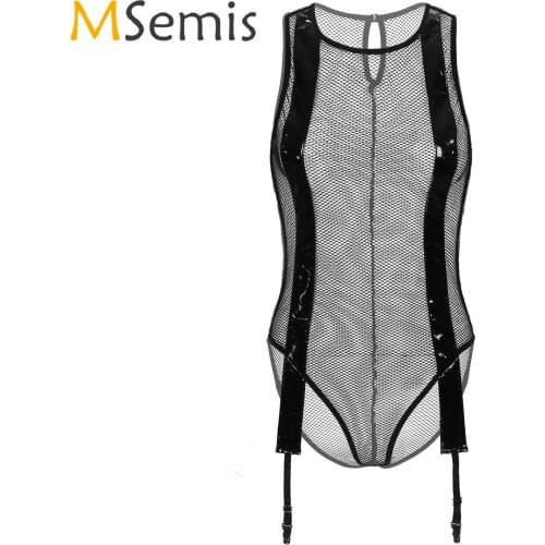 Womens Lingerie Fishnet Bodysuit See-through Round Neck Clubwear Sleeveless Patent Leather Decor Mesh Leotard with Garter Belt