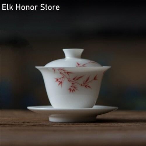 165ml White Porcelain Tea Tureen Hand Painted Red Bamboo Tea Bowl With Saucer Lid Kit Master Milk Oolong Women Travel Tea Set