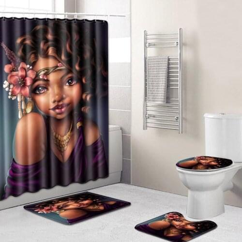 4 Pcs New Toilet Pad Cover Bath Mat Rug Fabric Shower Curtain Set for Bathroom African American Woman Shower Curtain Sets Hooks