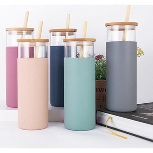 500ml Heat Insulated Glass Bottle Carafe With Organic Bamboo Straw Lid Silicone Protective Sleeve cover BPA Free Office Thermos