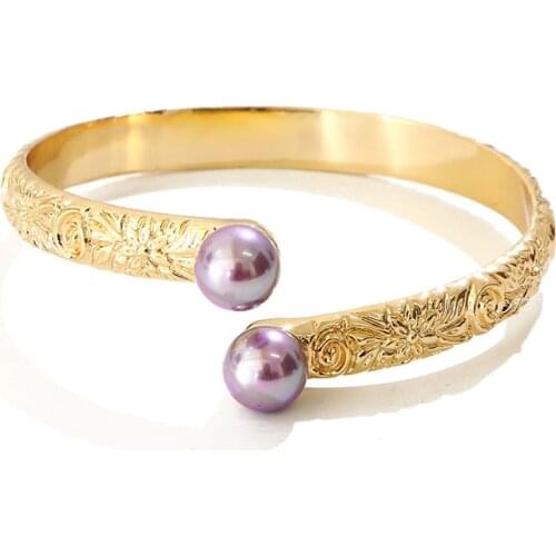 KOMI Inner Diameter 6-10 CM Hawaii Samoa Marshall Polynesian Plumeria Flower Glass Purple White Pearls Man Woman Bracelet Bangle
