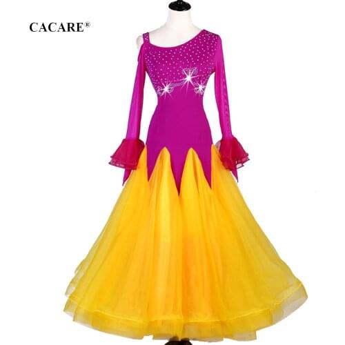 CACARE Ballroom Dance Competition Dresses Flamenco Waltz Dance Clothes Women Standard Ballroom Dress D0697 Rhinestones Big Hem