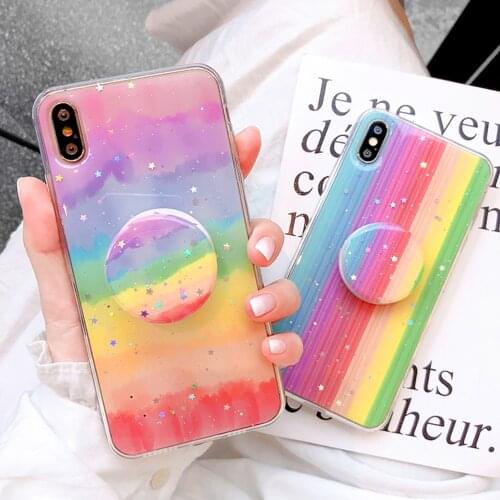 Glitter Rainbow Phone Case For iPhone 12 Pro XR XS Max X 11Pro 7 8 Plus Candy Color Stand Holder TPU Full Body Protective Cover