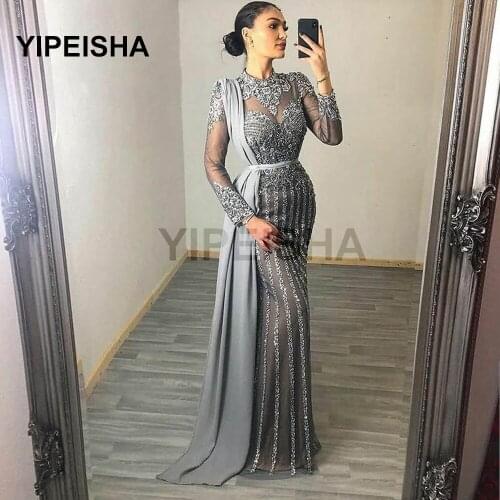 Couture 2021 Muslim Rhinestones Evening Dresses High Neck Dubai Long Sleeve Mermaid Gown For Women Party robe de soirée
