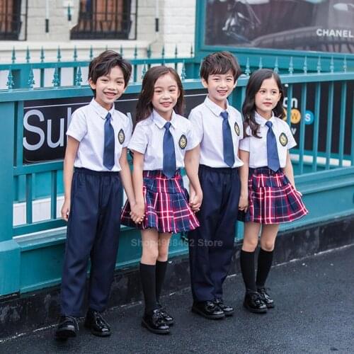100-150cm Children School Uniform Student Boys Girls 2PCs Clothing Set Primary High School Shirt Skirt Costume for teenagers