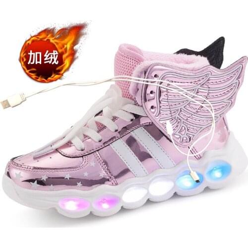 Warm Winter Child Kids Light up with wing Children Led Shoes Boys Girls Glowing Warm Sneakers USB Charging Boy Shoes Snow Cotton