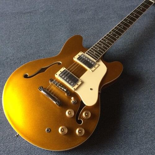 Jazz Hollow Body Gold Electric Guitar, Rosewood fingerboard, Double F holes electric guitar, Free shipping
