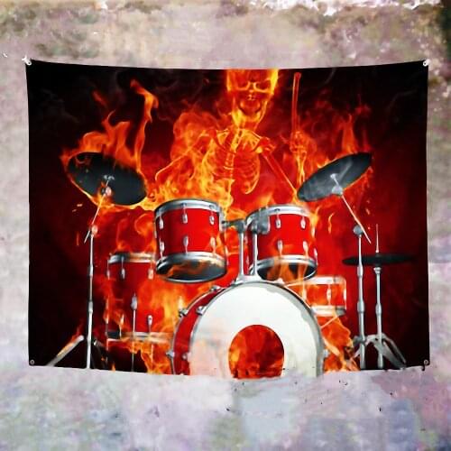 Burning Drummer Rock Art Poster Musical Instrument Banners Wall Hanging Canvas Painting Tapestry Flags Music Party Wall Decor